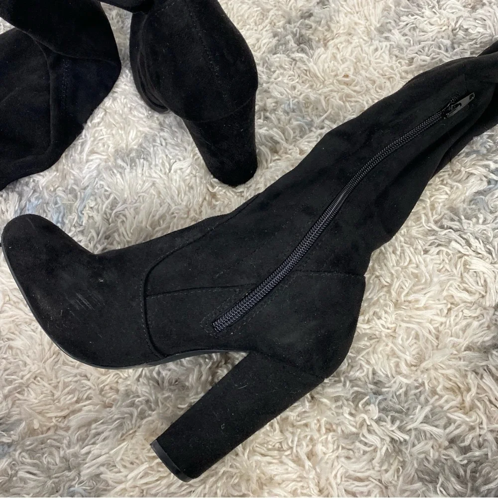 Fashion Nova black faux suede tall knee high adjustable heeled boots minimalist